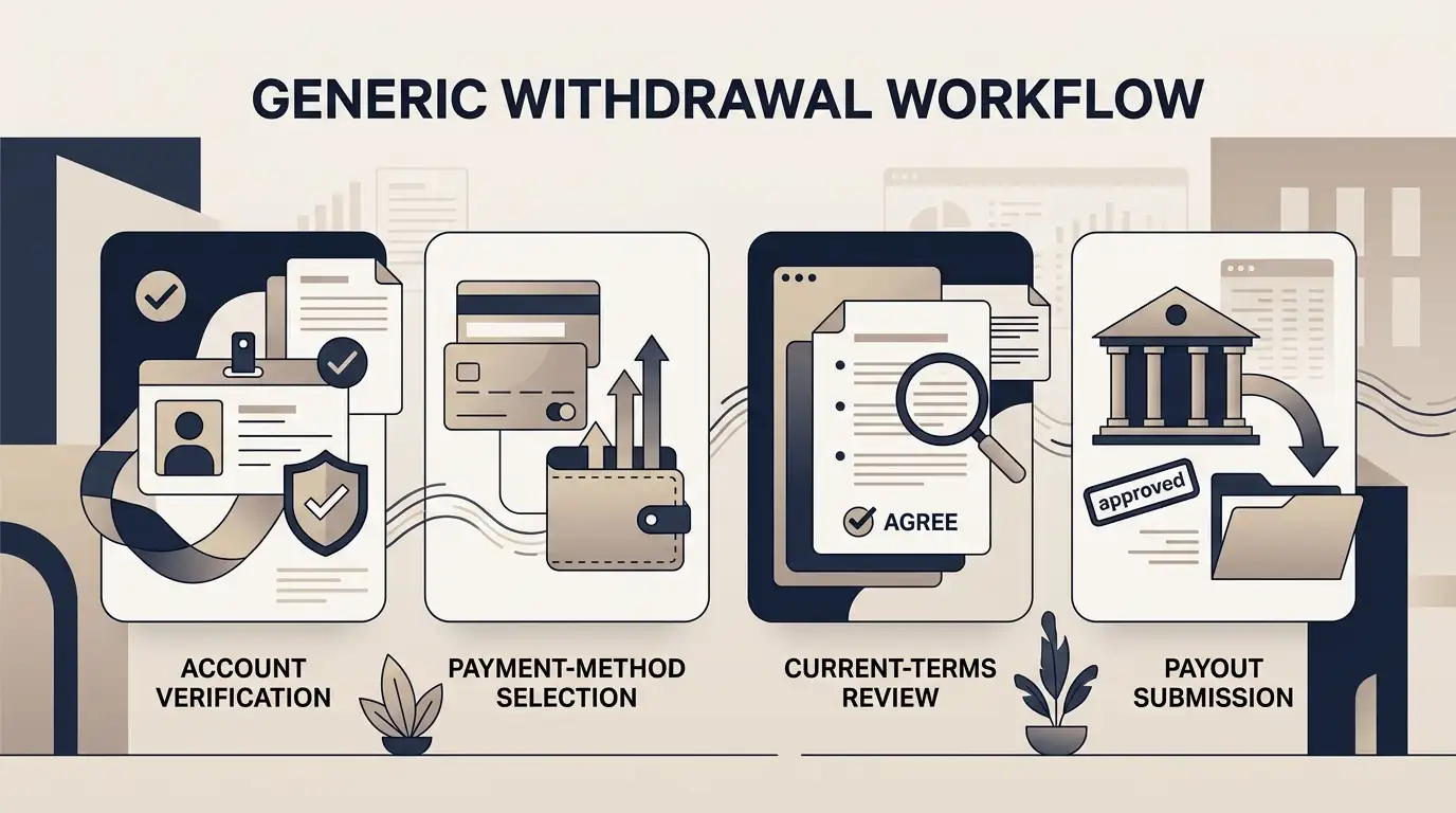 Withdrawal steps covering account checks, payout method, current terms and submission