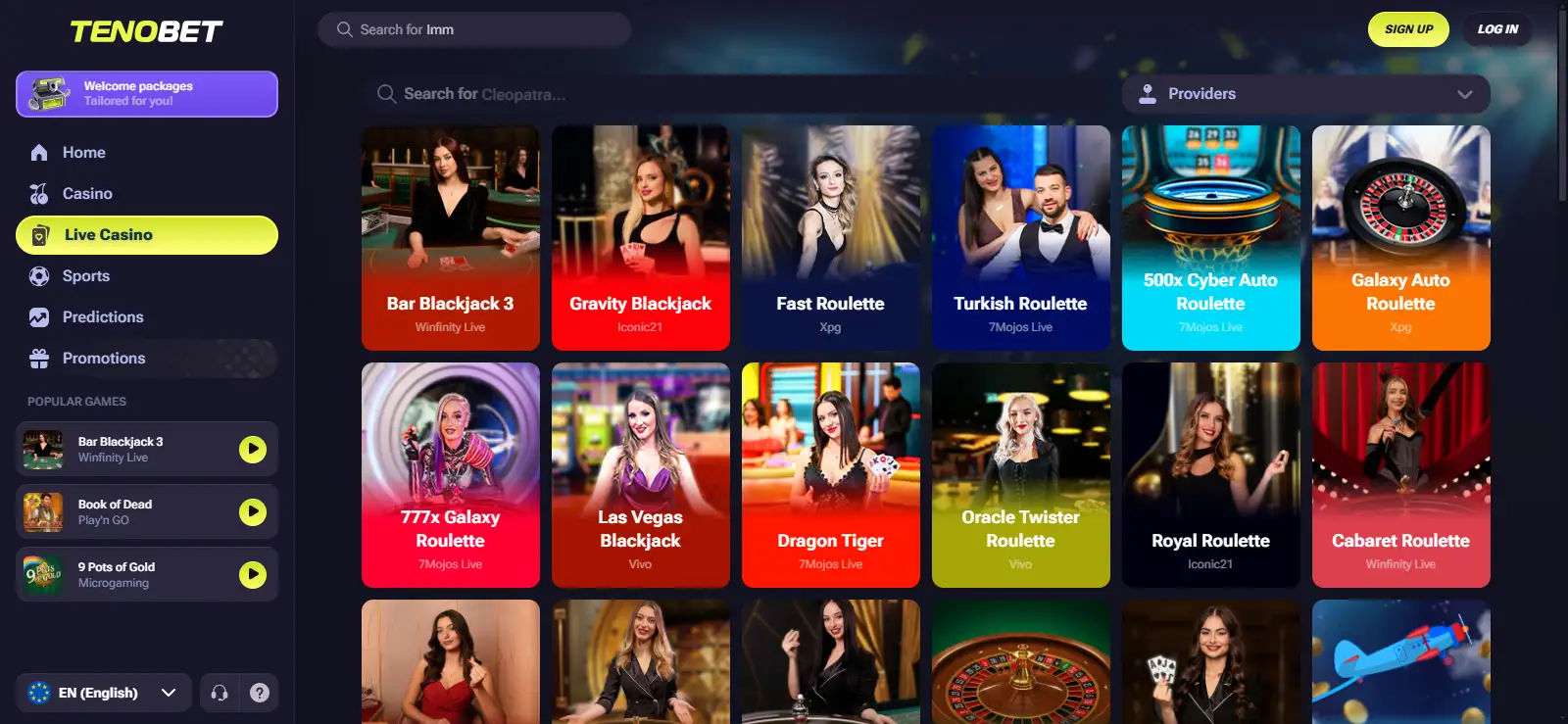 Current TenoBet live casino lobby with real dealer-game categories