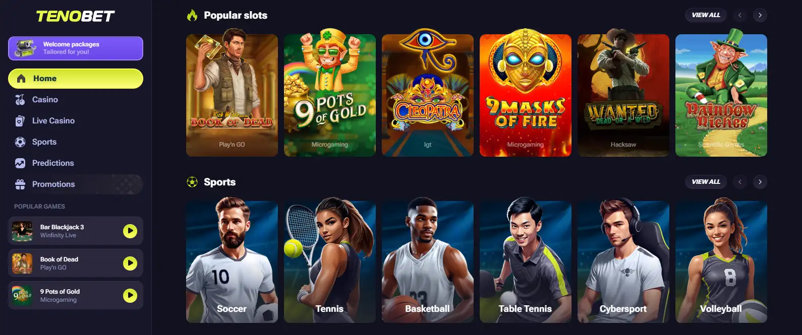 TenoBet casino and sportsbook interface